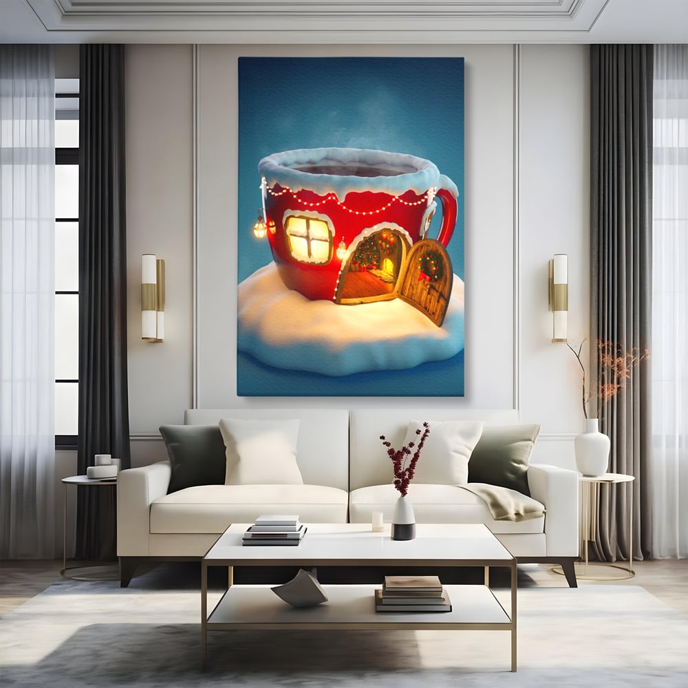 Tablou canvas cu ilustratie cana rosie cu casa de craciun, fara rama, pe sasiu de lemn, pe perete intr-un living
